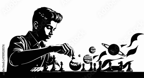 Young boy contemplates his next move in a cosmic chess game, strategy meets imagination.
