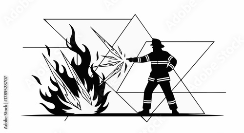 Brave firefighter in silhouette bravely douses flames with water spray, protected by geometric shapes