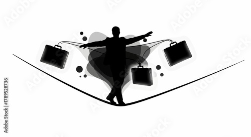 Silhouette of a person balancing on a tightrope with briefcases, representing career or life challenges
