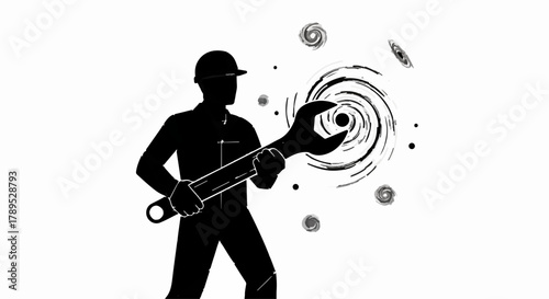 Engineer with giant wrench fixing a cosmic swirl, symbolizing innovation and creation in the universe.