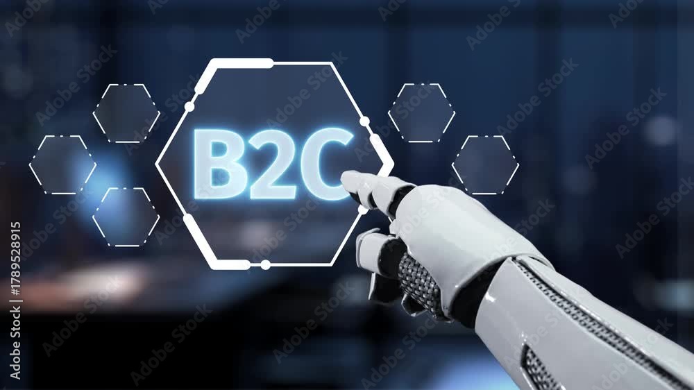 A robotic hand points to a glowing B2C display showcasing advanced technology concepts in a modern workspace, ideal for themes in e-commerce and digital transformation. Synapse