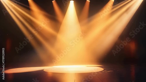 Dramatic Stage Lighting With Warm Orange Spotlights Illuminating A Dark Empty Venue With Smoke Effects