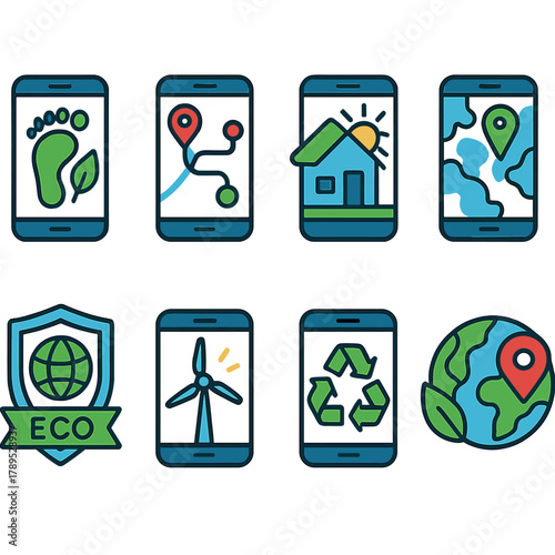 Eco Travel Icons. Eco Travel Apps flat icons: carbon footprint tracker, public transport route app, eco lodge finder, local volunteer map, sustainable travel badge, renewable