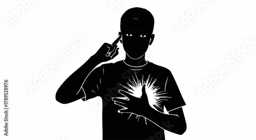 Silhouette of a person with a glowing heart and a finger to their temple, symbolizing inspiration and thought.