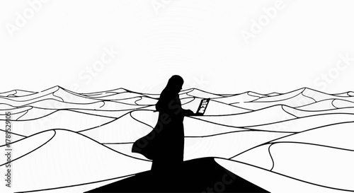 Silhouette of a person in traditional attire working on a laptop amidst vast desert dunes.