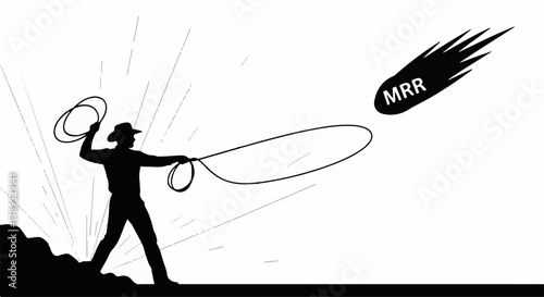 Cowboy bravely lassoes a falling meteor labeled MRR, symbolizing capturing recurring revenue.