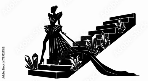 Elegant silhouette woman in dramatic gown ascending crystal-adorned stairs
