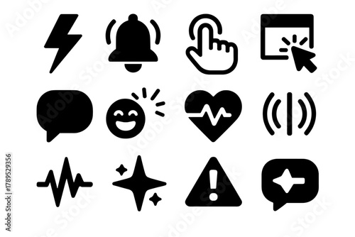 Brutalist Reaction Icons. Instant Reactions silhouette icon set: lightning bolt, bell notification, tap hand, popup window, chat bubble, emoji burst, heart pulse, reaction bar,