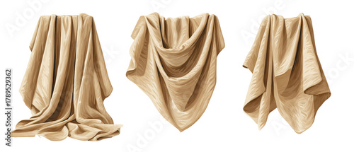 A collection of three elegantly draped beige fabrics showcasing varied textures and folds, set against a plain background, ideal for textile design or interior decor projects