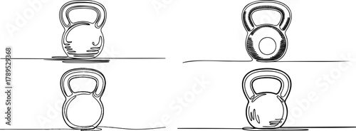Four illustrations of a kettlebell on a flat surface, showing different perspectives and lighting.