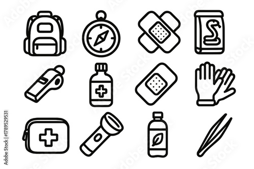 Outdoor First Aid Essentials. Outdoor First Aid linear icon set: backpack, compass, bandage, snake bite kit, whistle, antiseptic, plaster, gloves, first aid pouch, flashlight,