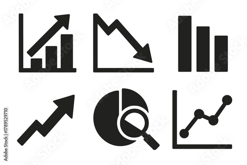 Bold Market Icons. Market Trends silhouette icon set: upward graph, downward graph, comparison bars, growth arrow, market analysis, trend chart.