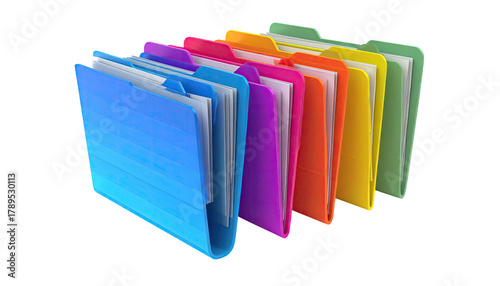 Row of colorful file folders filled with paper documents