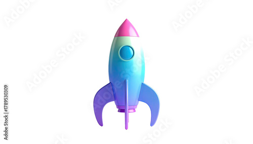 Colorful 3D rocket, blue body, pink tip, on a dark backdrop