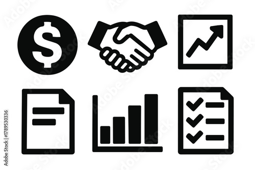 Brutalist Sales Icons. Sales persuasion silhouette icon set: dollar coin, handshake, chart line, document paper, bar graph, checklist.