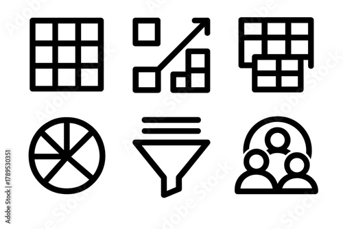 Brutalist Data Icons. Data Sampling silhouette icon set: dataset, random selection, subset table, sampling wheel, data filter, extracted group.