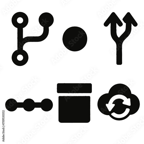 Brutalist Version Control Icons. Version Control silhouette icon set: branch diagram, commit dot, merge arrows, history timeline, repository icon, sync cloud.