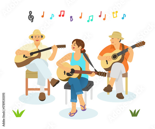 Three people playing guitar. The woman singing and playing in the center. Color Version