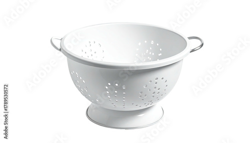 White metal colander with holes, angled view against black