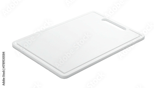 Angled view of rectangular white plastic cutting board