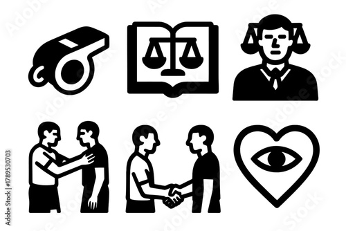 Ethical Play Icons. Ethical Play silhouette icon set: referee whistle, rule book, fair judgment, team respect, handshake line, honest symbol.