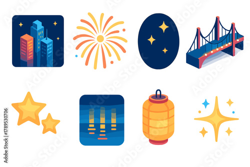 Vibrant Urban Fireworks. Urban Fireworks Icons modern flat icons set: skyscrapers, fireworks explosion, night sky, bridge lights, glowing stars, reflection, lantern, sparkle