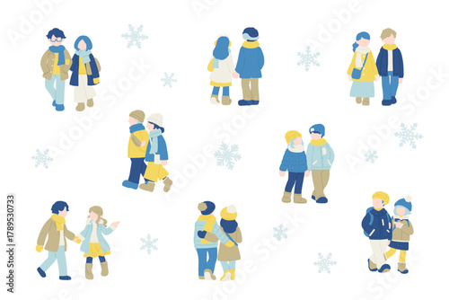 冬服の仲良しカップル[男女]と雪の結晶のフラットなイラスト（セット）