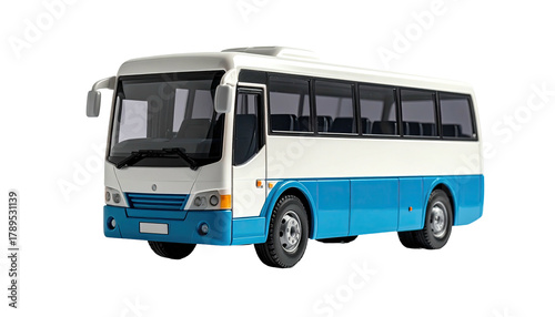Blue & white short-wheelbase bus at angle on a black background