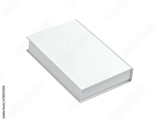 Isolated, plain white hardcover book angled on dark backdrop