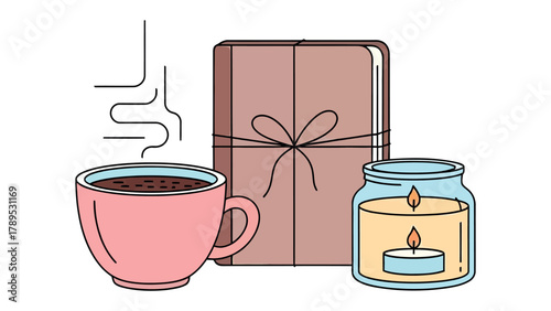 Cozy Essentials: A warm cup of coffee, a wrapped gift, and a lit candle create a cozy and inviting scene, evoking feelings of comfort and relaxation.