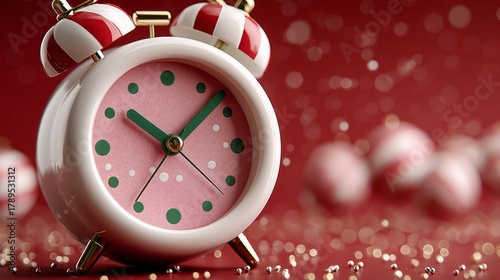  Festive alarm clock in red and white color with green hands stands among sparkling holiday decor. Concept of holiday time, tradition, and joyful winter celebration