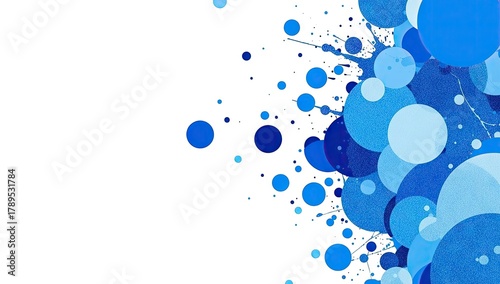 Colorful abstract composition features a blend of circular shapes and splatters in various shades of blue, creating a dynamic visual effect against a white background, displaying a sense of...