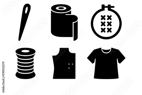 Textile Craft Icons. Textile Craftsmanship silhouette icon set: sewing needle, fabric roll, embroidery hoop, yarn spool, pattern template, finished garment.