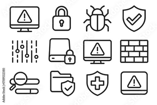 Cybersecurity Icons Display. Virus Defense linear icon set: warning monitor, padlock, bug icon, shield symbol, data stream, secure drive, system alert, firewall wall, scan progress