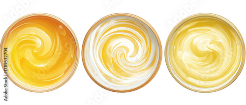 Three bowls of creamy yellow mixtures, showcasing different textures and swirls, set against a clean background, ideal for culinary presentations or food-related content
