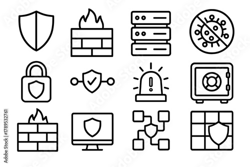 Cybersecurity Icons Display. System Protection linear icon set: security shield, firewall bricks, server rack, blocked malware, protected connection, network path, alert light,