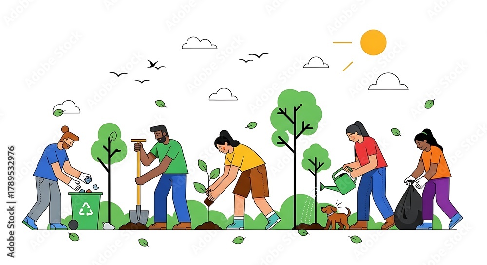 Fototapeta premium Diverse Group Volunteers Cleaning Up Environment Illustration.