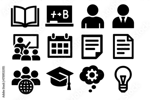 Educational Icons Collection. Educational Hypothesis silhouette icon set: open book, chalkboard, teacher icon, classroom, student group, calendar, document page, graduation cap,
