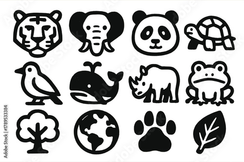 Endangered Species Icons. Endangered Species silhouette icon set: tiger, elephant, panda, turtle, bird, whale, rhino, frog, tree, globe, paw print, leaf.