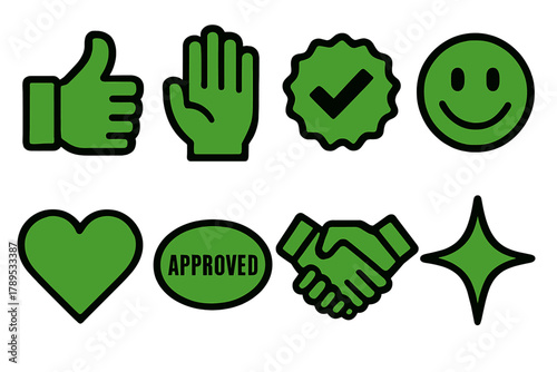 Bold Approval Icons. In Favor Concept silhouette icon set: thumbs up, raised hand, checkmark badge, smiling face, green heart, approved stamp, handshake, shining star.