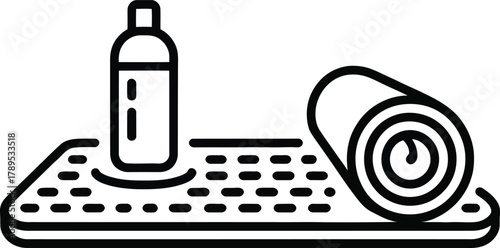 Minimalist outline icon of spa amenities, bottle, and rolled mat on tray.