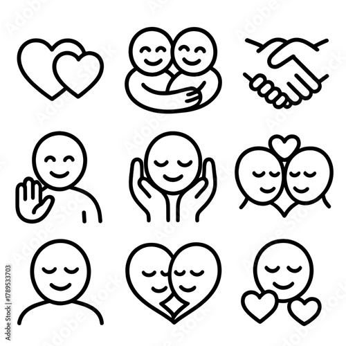 Emotional Connection Icons. Emotional Connection linear icon set: two hearts, smiling duo, shared warmth, caring hug, trust handshake, love wave, peaceful face, joined souls.