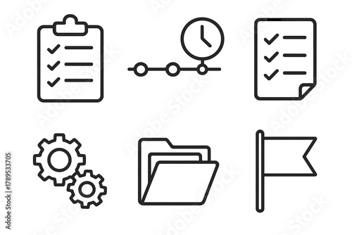 Project Management Icons. Project persistence linear icon set: clipboard, timeline, checklist, gears, document folder, flag.