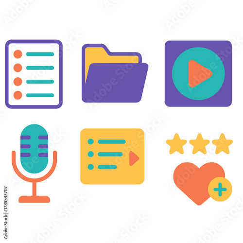 Vibrant Podcast Icons. Podcast Library flat icons: episode list, folder, bookmark tag, podcast cover, microphone, playlist queue, star rating, add to favorites.