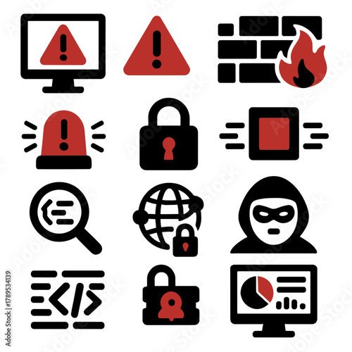 Intrusion Detection Icons. Intrusion Detection silhouette icon set: computer screen, red alert, firewall breach, motion sensor, warning light, padlock, data packet, intrusion alarm
