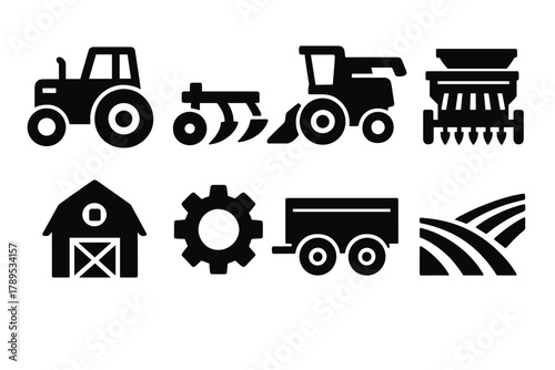 Brutalist Farm Icons. Agricultural Machinery silhouette icon set: tractor, plow, harvester, seed drill, barn, gear, trailer, field.