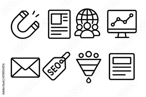 Inbound Marketing Icons. Inbound Marketing linear icon set: magnet icon, content page, social media icon, analytics chart, email envelope, SEO tag, conversion funnel, blog post.
