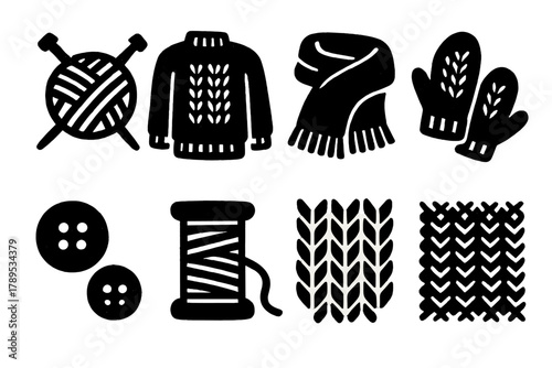 Handmade Knitting Icons. Handmade Knitting Icons silhouette icon set: yarn ball, needles, sweater, scarf, mittens, buttons, thread, pattern.