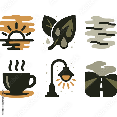 Morning Drizzle Icons. Morning Drizzle silhouette icon set: sunrise haze, wet leaves, misty air, coffee cup, streetlight glow, calm road.
