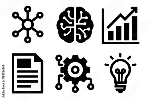 Brutalist AI Icons. AI Research silhouette icon set: neural network, AI brain, data analysis chart, research paper, algorithm gear, innovation light bulb.